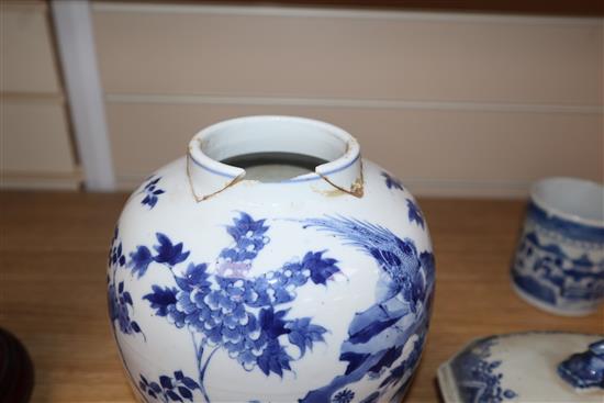 A Nanking blue and white tureen, a Chinese blue and white inverted pyriform vase and cover, Kangxi mark (a.f) and a blue and white mug